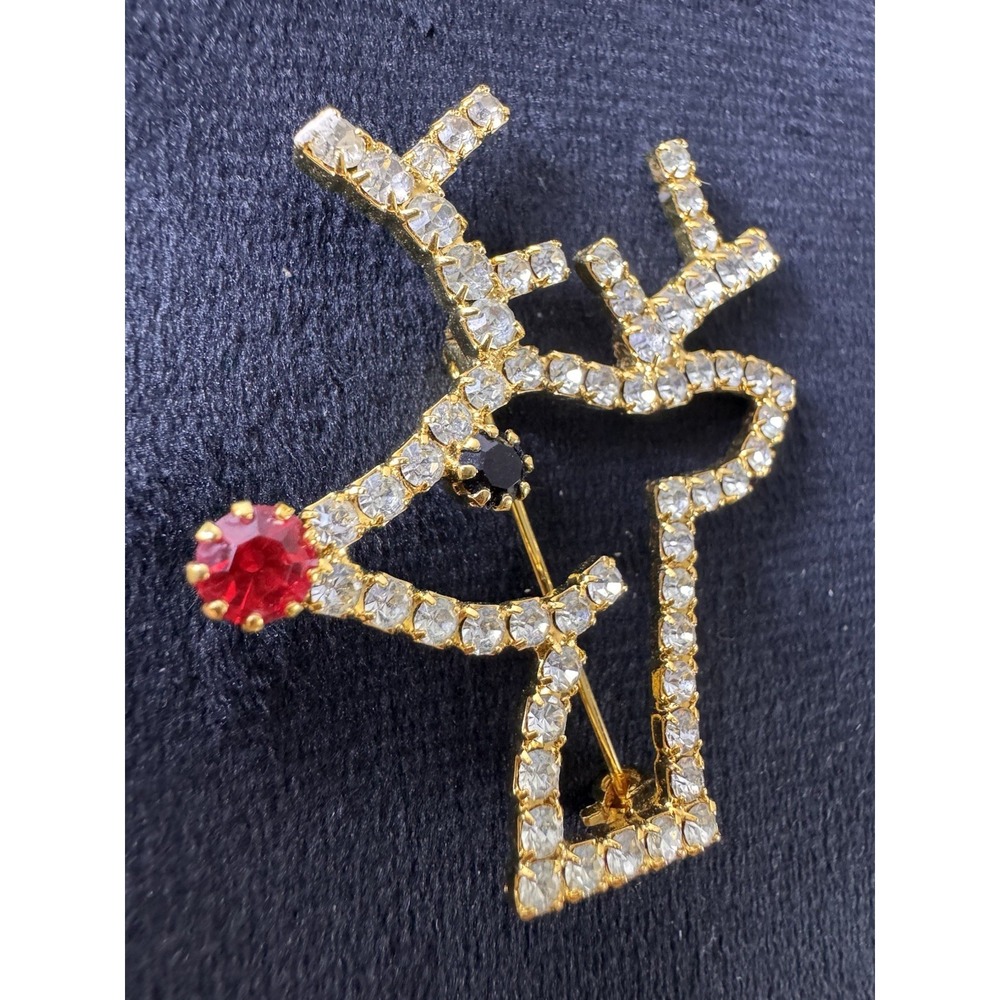 Rhinestone Rudolph Reindeer Brooch Red Nose Gold Tone Christmas Holiday Pin